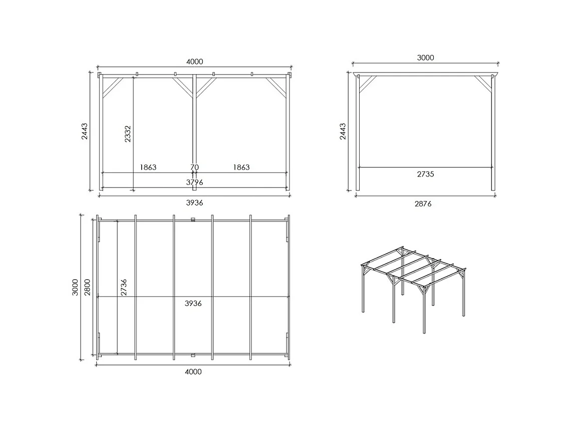 Carport, abri de voiture  3x4 m - 12 m2 - CAR13 - ALTANKA