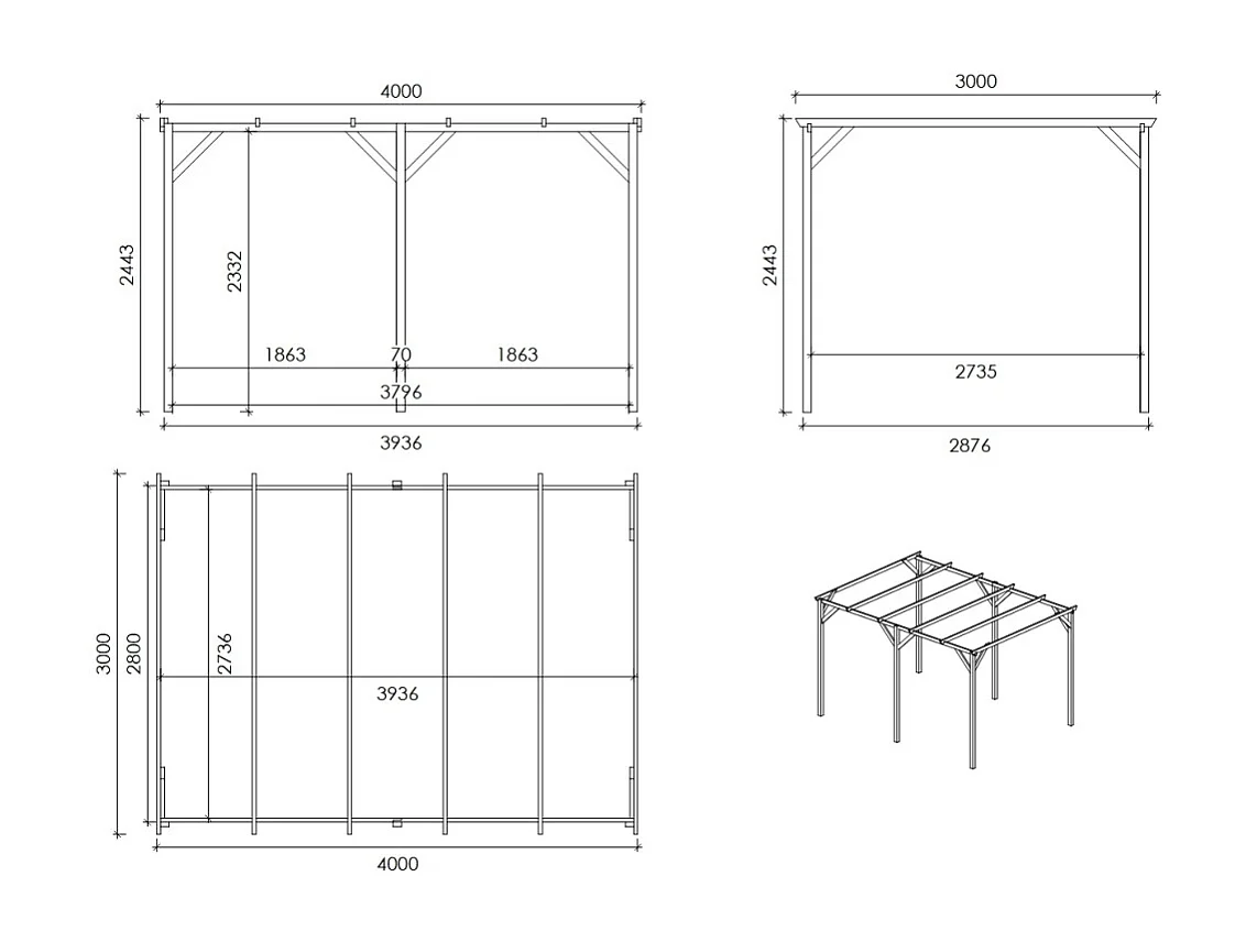 Tettoia posto auto coperto in legno 3x4 m - 12 m2 - CAR13 - ALTANKA