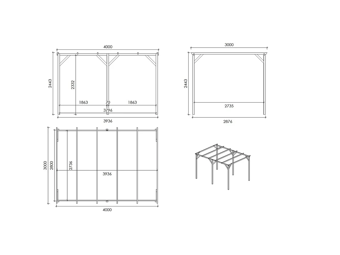Tettoia posto auto coperto in legno 3x4 m - 12 m2 - CAR13 - ALTANKA