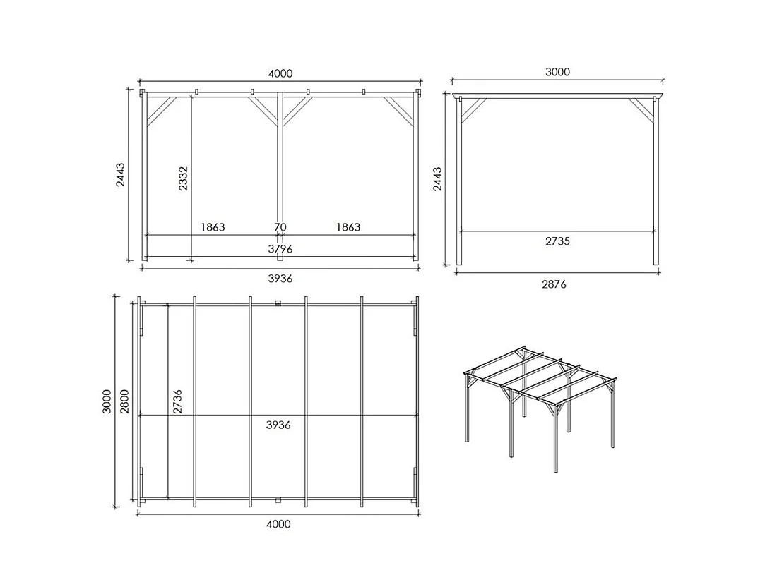 Tettoia posto auto coperto in legno 3x4 m - 12 m2 - CAR13 - ALTANKA