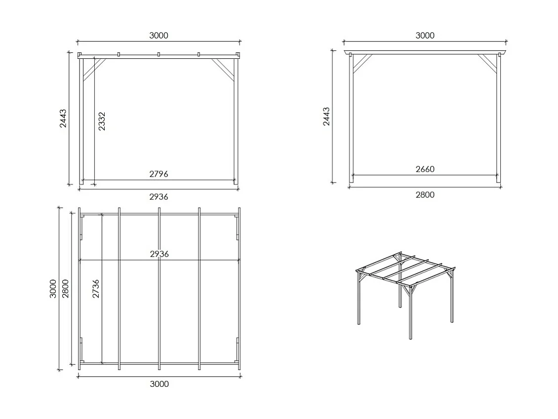 Tettoia posto auto coperto in legno 3x3 m - 9 m2 - CAR12 - ALTANKA