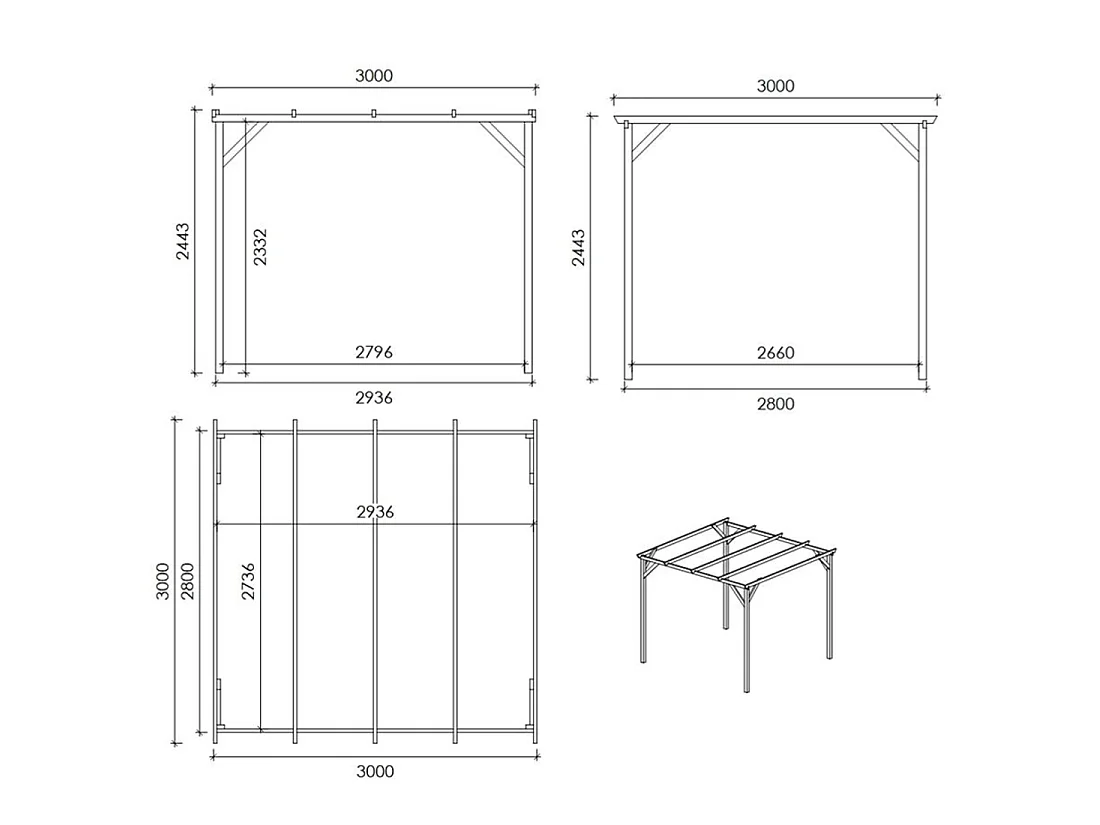 Tettoia posto auto coperto in legno 3x3 m - 9 m2 - CAR12 - ALTANKA