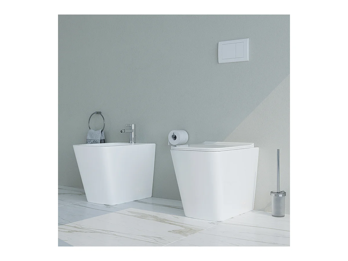 Vaso WC A TERRA filomuro RIMLESS in ceramica con sedile coprivaso softclose - Cube