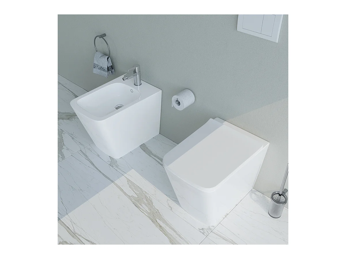 Vaso WC A TERRA filomuro RIMLESS in ceramica con sedile coprivaso softclose - Cube