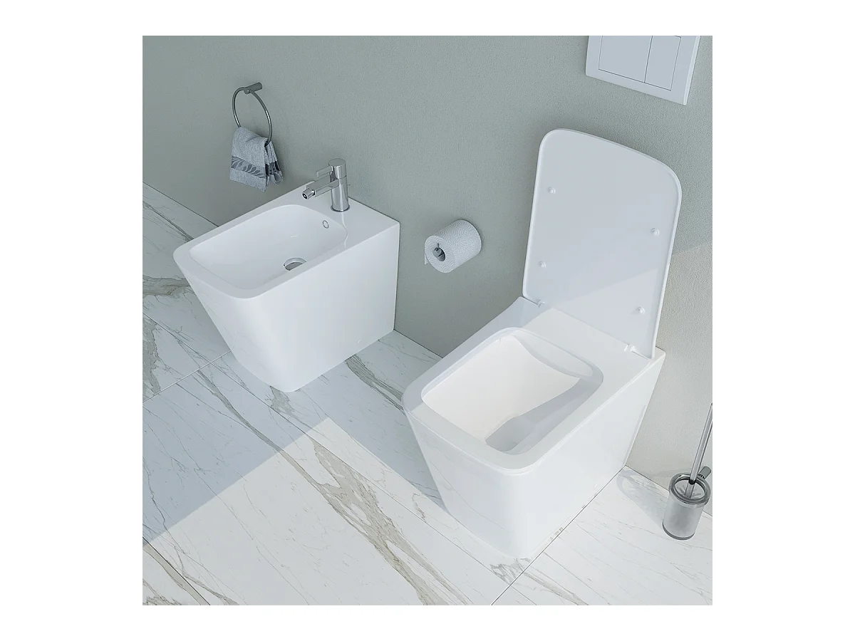 Vaso WC A TERRA filomuro RIMLESS in ceramica con sedile coprivaso softclose - Cube