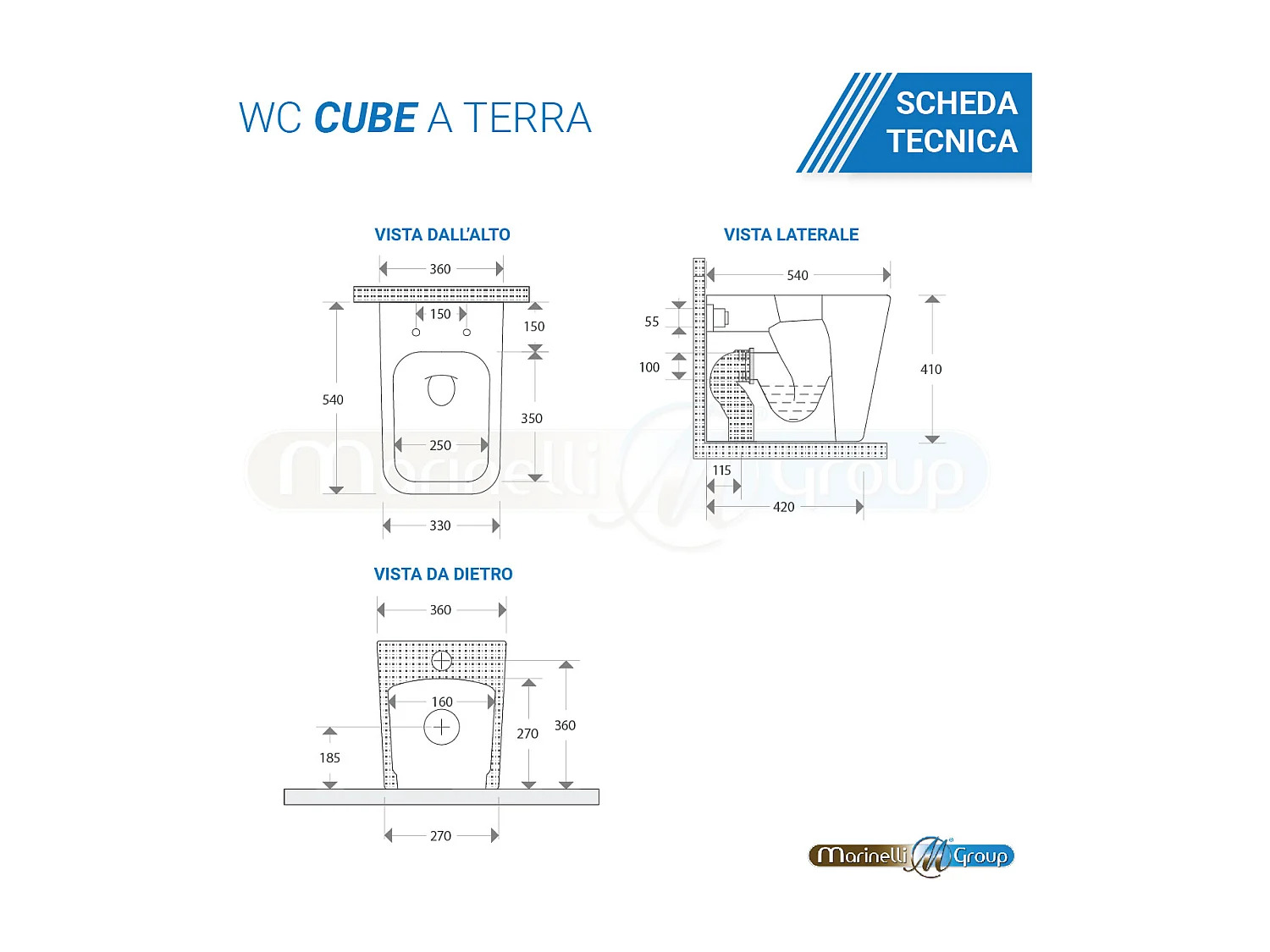 Vaso WC A TERRA filomuro RIMLESS in ceramica con sedile coprivaso softclose - Cube