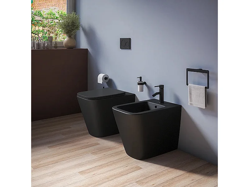 Sanitari bidet e vaso WC a terra filomuro NERO opaco rimless coprivaso softclose Cube