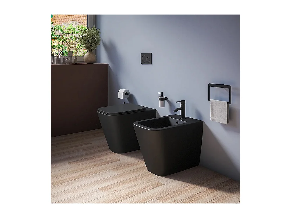 Sanitari bidet e vaso WC a terra filomuro NERO opaco rimless coprivaso softclose Cube