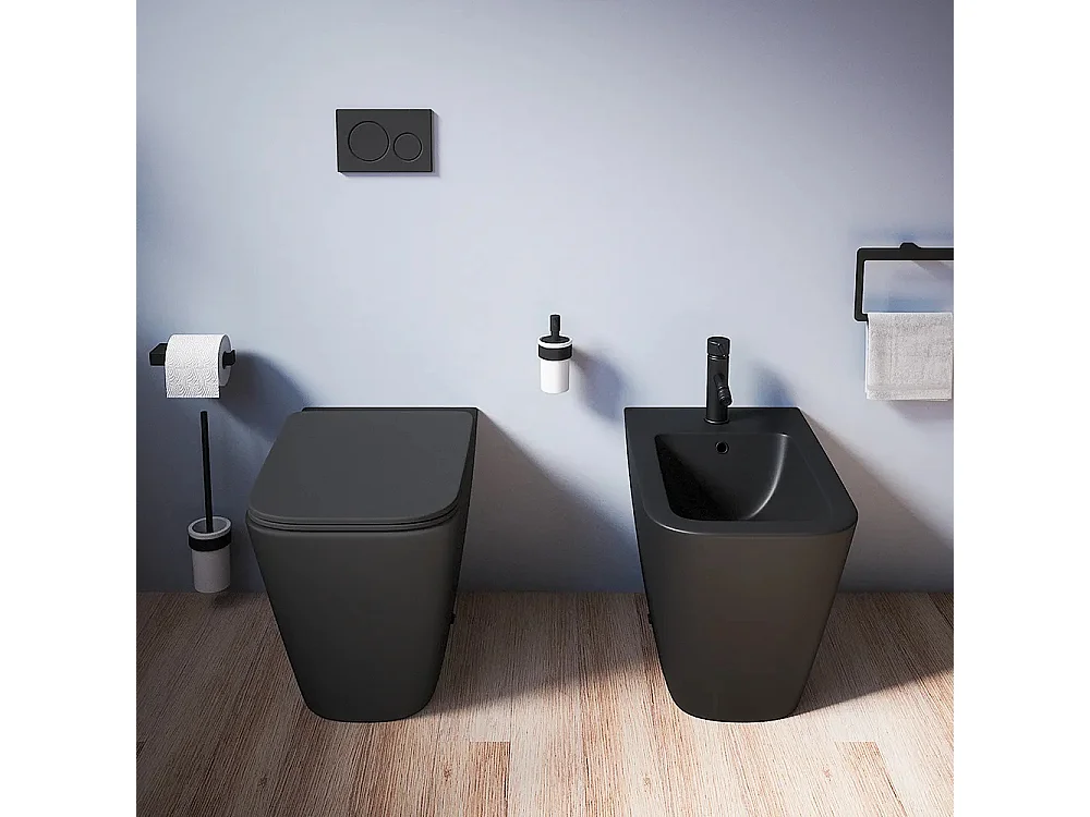 Sanitari bidet e vaso WC a terra filomuro NERO opaco rimless coprivaso softclose Cube