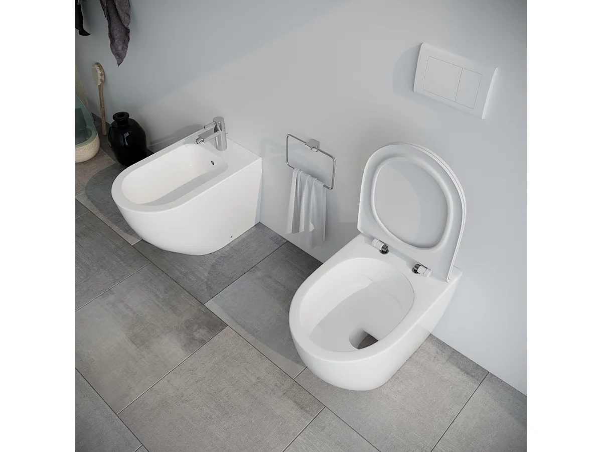 Vaso WC filomuro RIMLESS A TERRA in ceramica con sedile coprivaso softclose - Fast