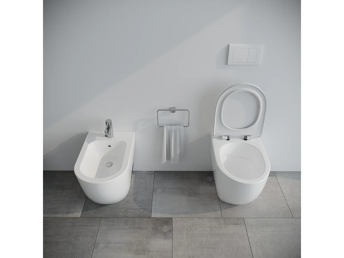 Vaso WC filomuro RIMLESS A TERRA in ceramica con sedile coprivaso softclose - Fast