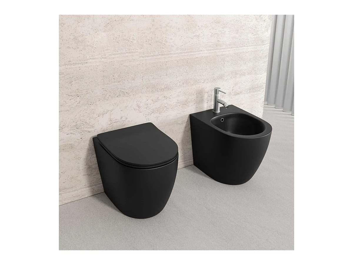 Sanitari bidet e vaso WC a terra scarico vortice nero opaco coprivaso softclose Fast