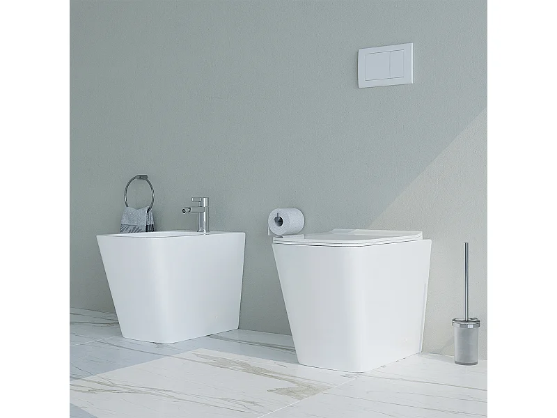 Sanitari bagno Bidet e Vaso WC a terra filomuro RIMLESS in ceramica con sedile coprivaso softclose CUBE