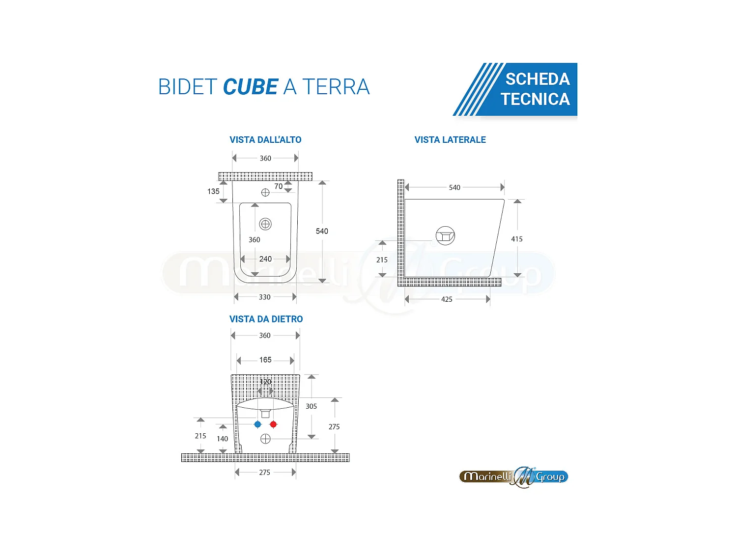 Sanitari bagno Bidet e Vaso WC a terra filomuro RIMLESS in ceramica con sedile coprivaso softclose CUBE