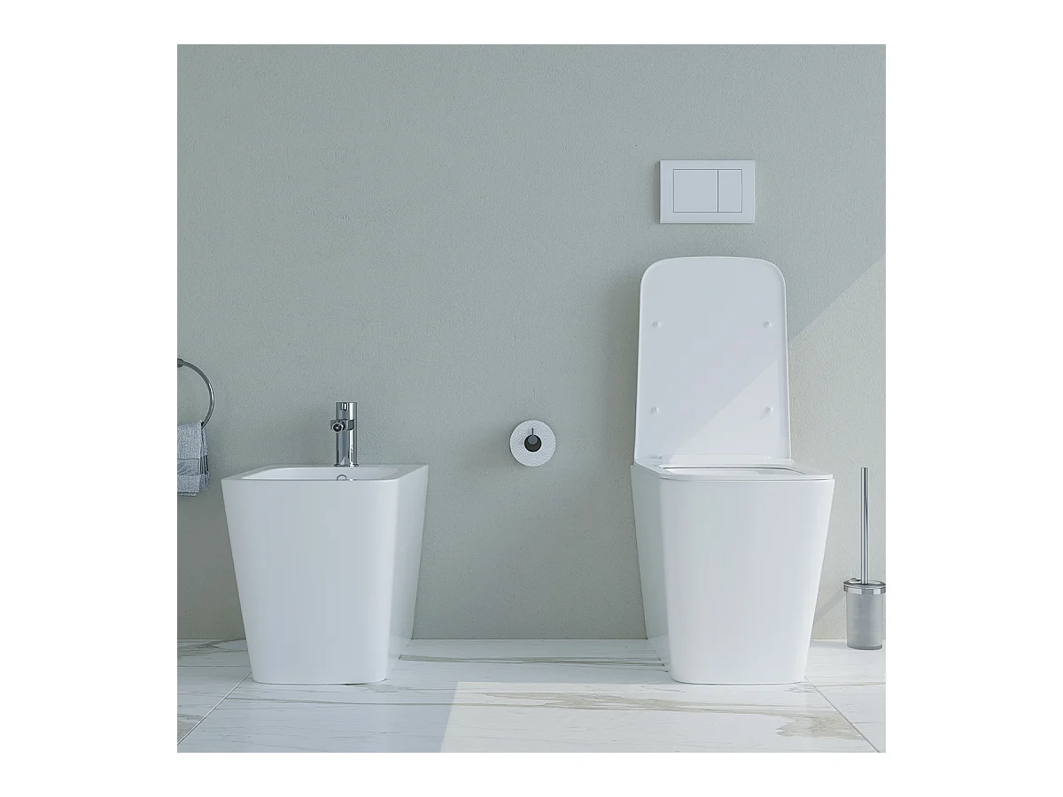 Sanitari bagno Bidet e Vaso WC a terra filomuro RIMLESS in ceramica con sedile coprivaso softclose CUBE