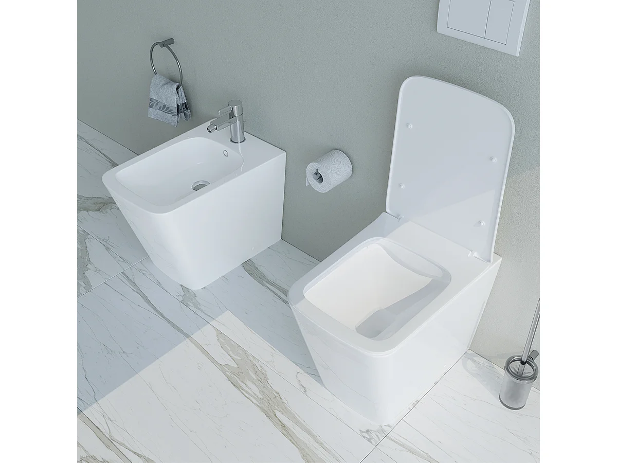 Sanitari bagno Bidet e Vaso WC a terra filomuro RIMLESS in ceramica con sedile coprivaso softclose CUBE