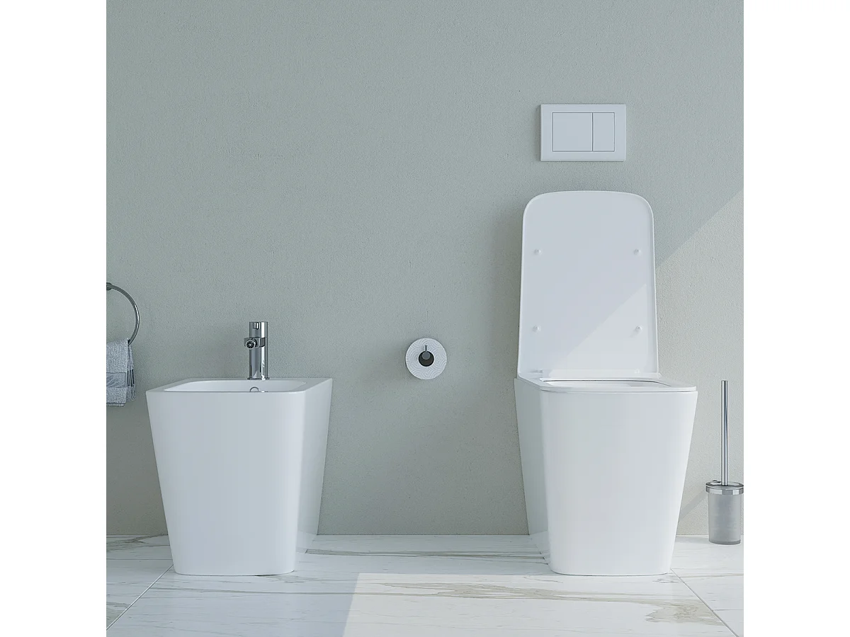 Sanitari bagno Bidet e Vaso WC a terra filomuro RIMLESS in ceramica con sedile coprivaso softclose CUBE