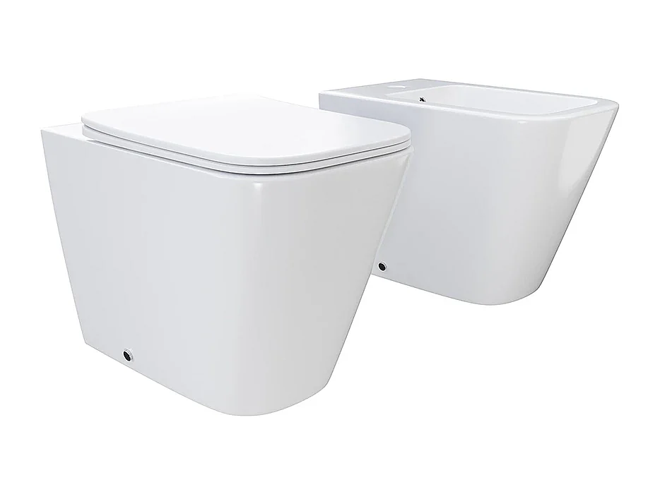 Sanitari bagno Bidet e Vaso WC a terra filomuro RIMLESS in ceramica con sedile coprivaso softclose CUBE