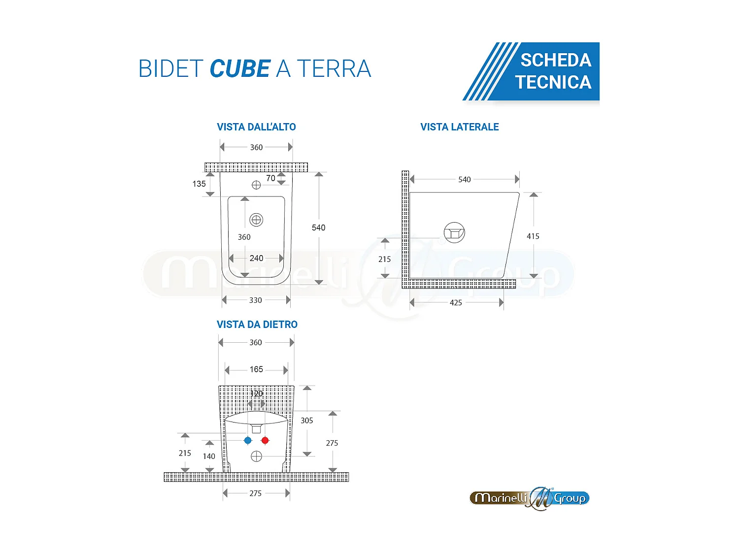 Sanitari bagno Bidet e Vaso WC a terra filomuro RIMLESS in ceramica con sedile coprivaso softclose CUBE