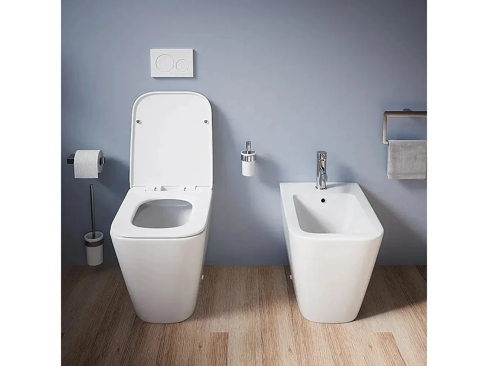 Sanitari bagno Bidet e Vaso WC a terra filomuro RIMLESS in ceramica con sedile coprivaso softclose CUBE