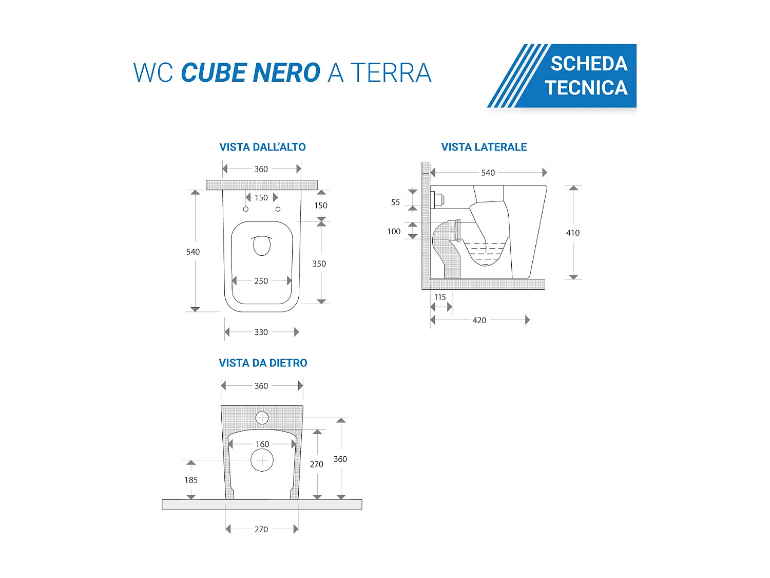 vaso WC a terra filomuro NERO opaco rimless coprivaso softclose Cube