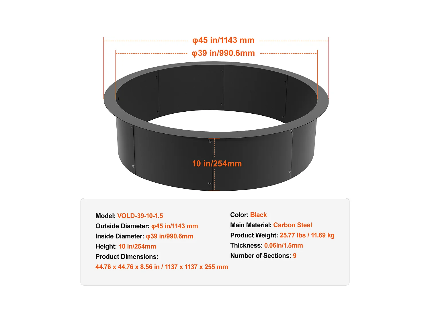 Brasero de Jardin, SucceBuy Anneau de Foyer Rond avec Revêtement Extérieur en Acier de 114,3 cm