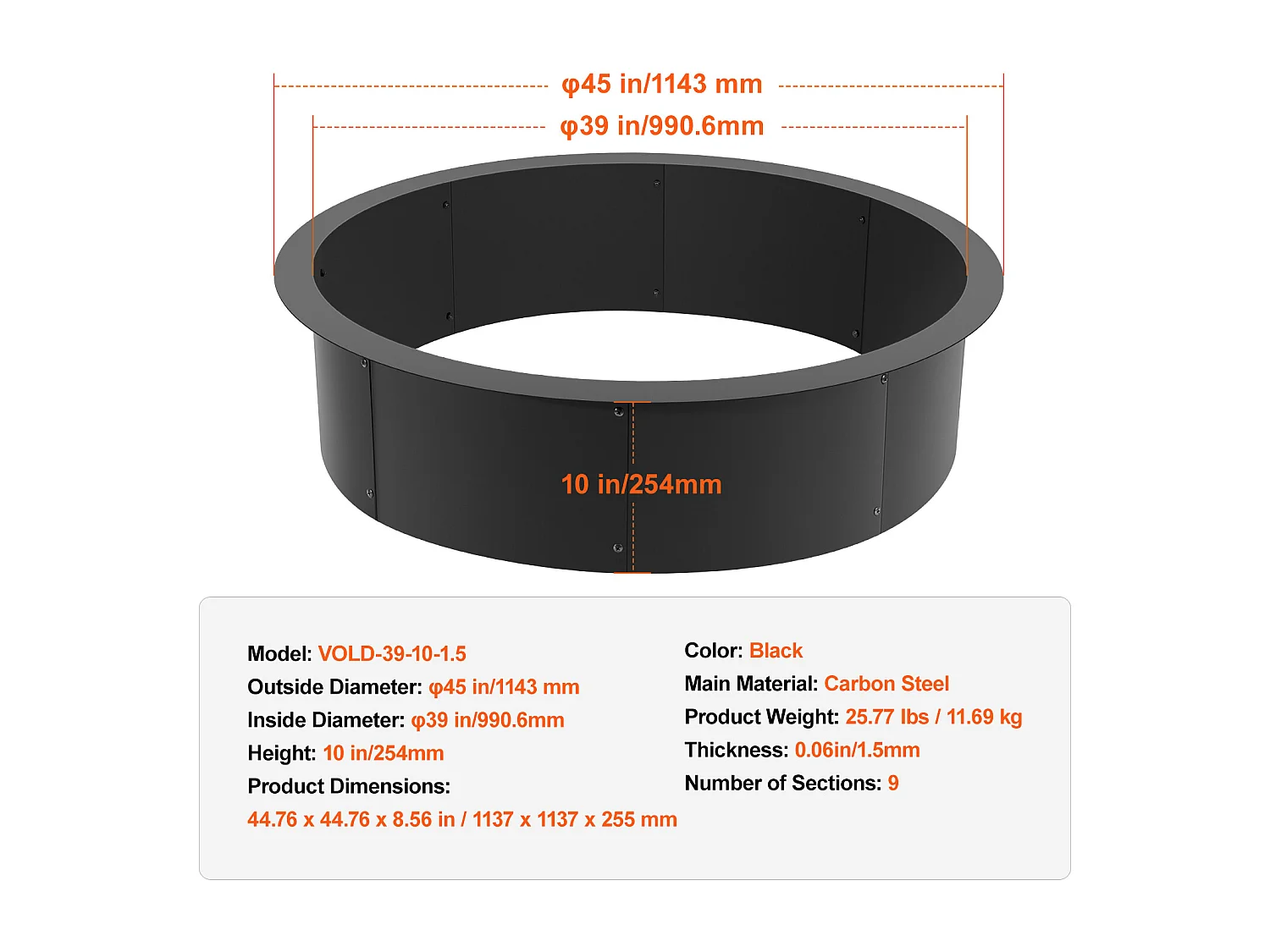 Brasero de Jardin, SucceBuy Anneau de Foyer Rond avec Revêtement Extérieur en Acier de 114,3 cm