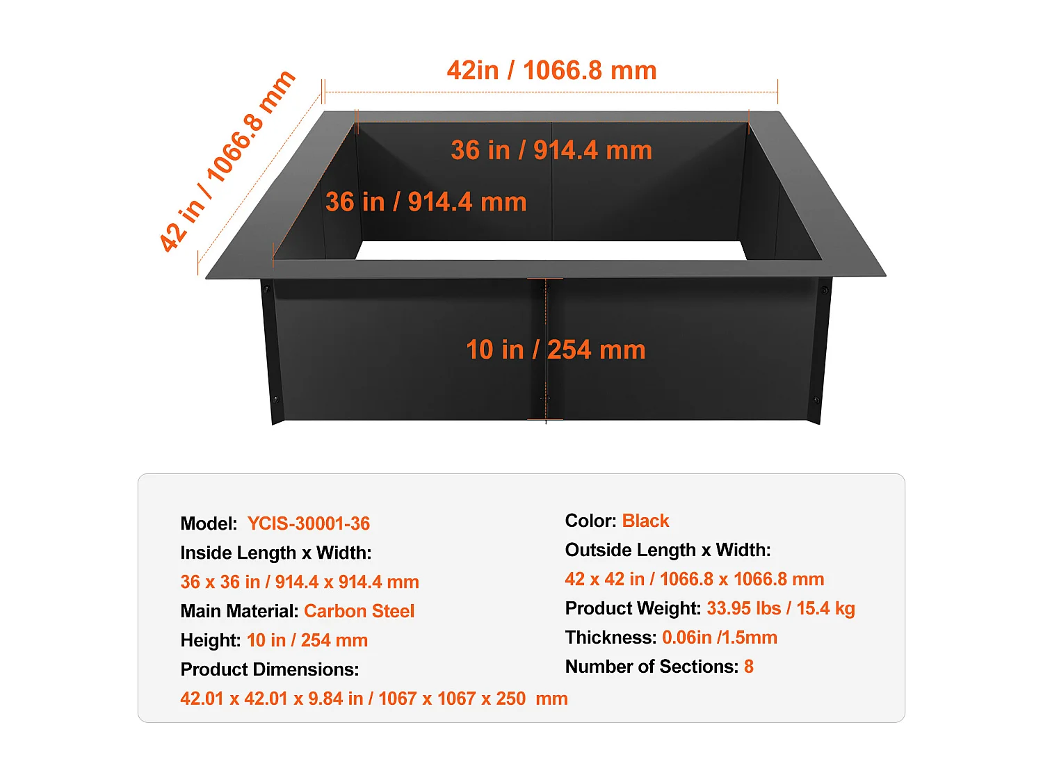 Brasero de Jardin, SucceBuy Anneau de Foyer Carré 106,7×106,7 cm en Acier Extérieur DIY Liner Firepit Anneau de Feu de Camp