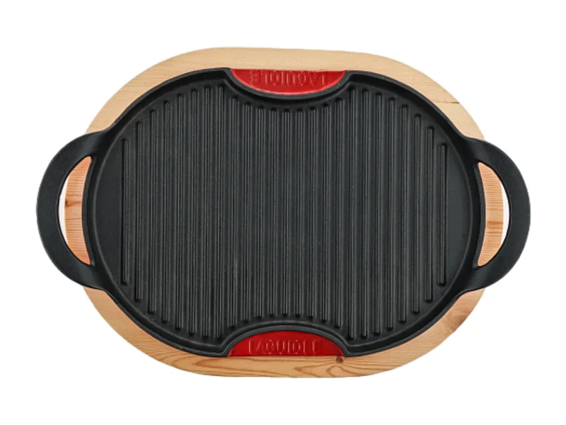 Grill ovale en fonte rouge 36cm avec support en bois