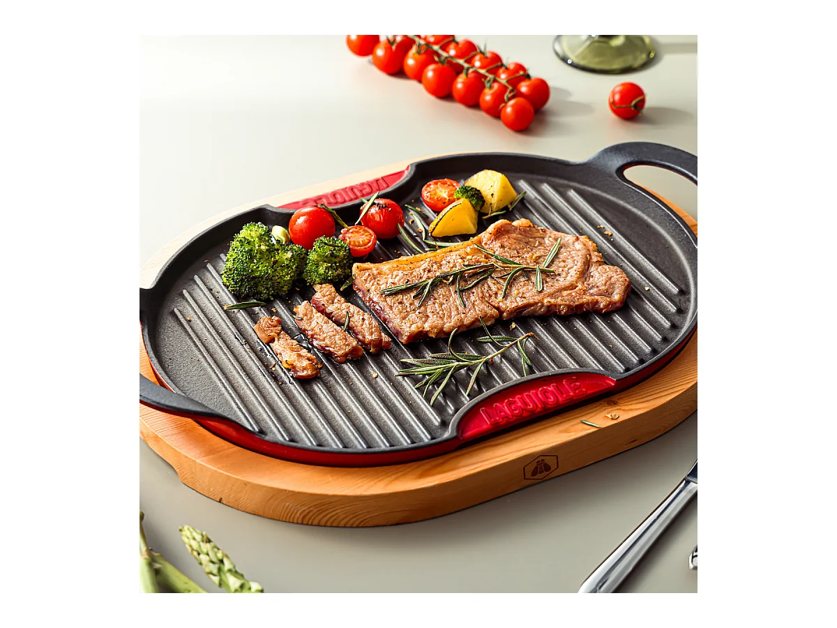 Grill ovale en fonte rouge 36cm avec support en bois