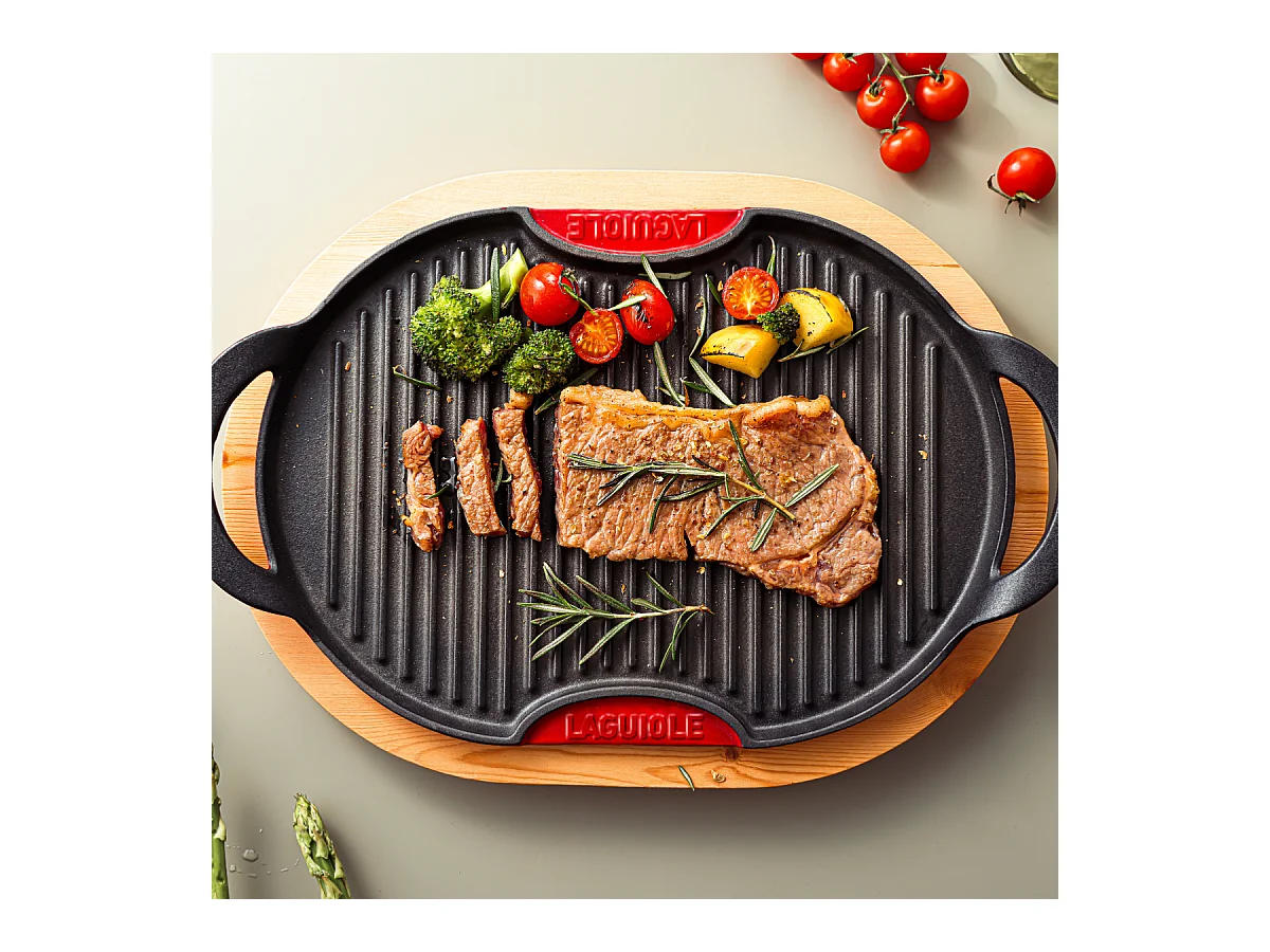 Grill ovale en fonte rouge 36cm avec support en bois
