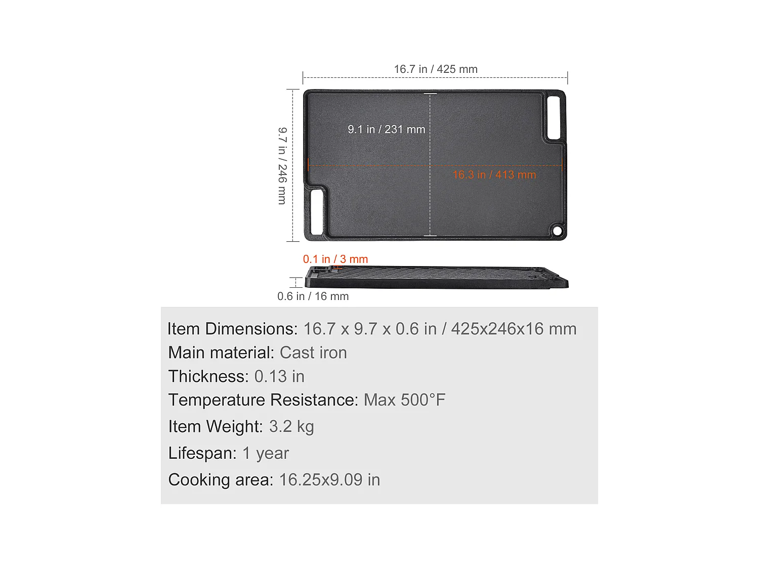Barbecue Plaque SucceBuy, 25 x 42 cm, Grille de Cuisson Réversible en Fonte pour Cuisinière à Barbecue