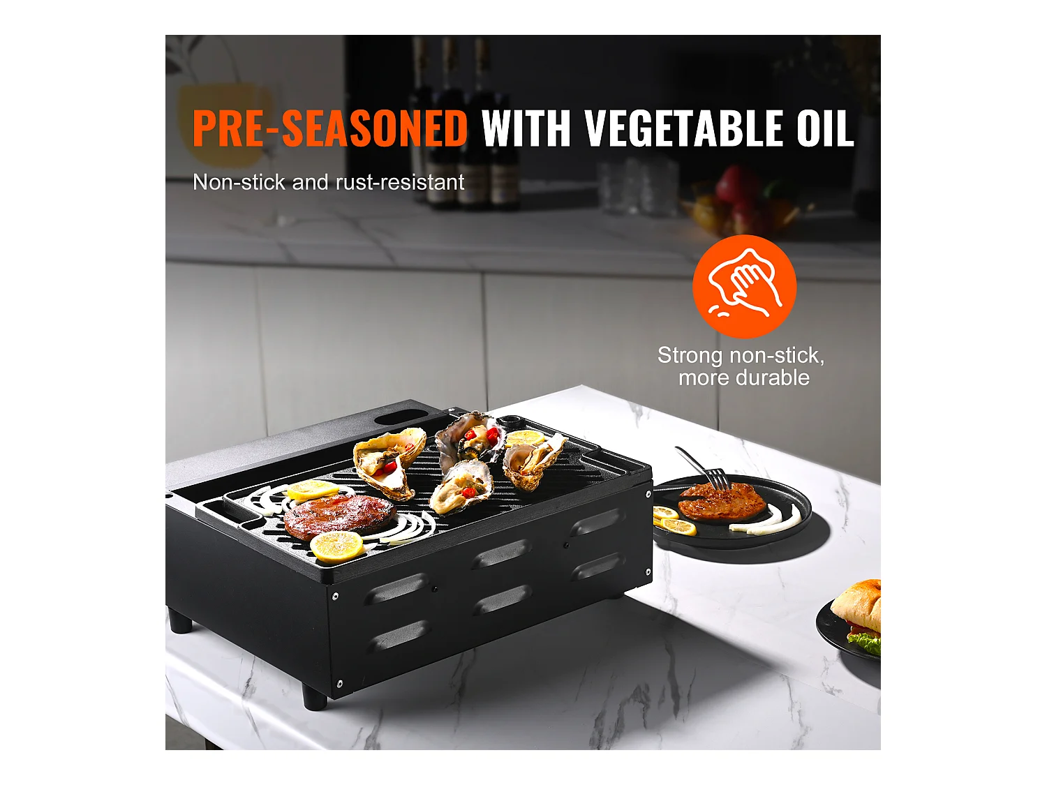 Barbecue Plaque SucceBuy, 25 x 42 cm, Grille de Cuisson Réversible en Fonte pour Cuisinière à Barbecue