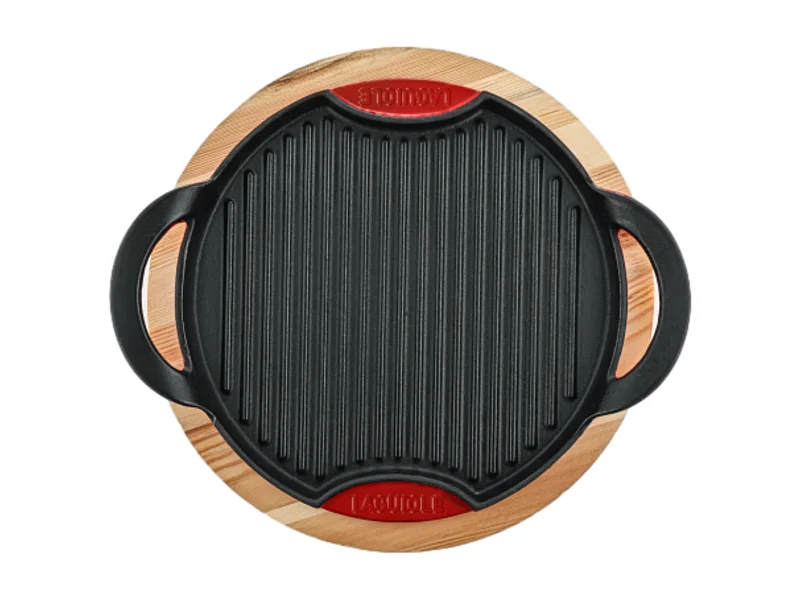 Grill rond en fonte rouge 28cm avec support en bois