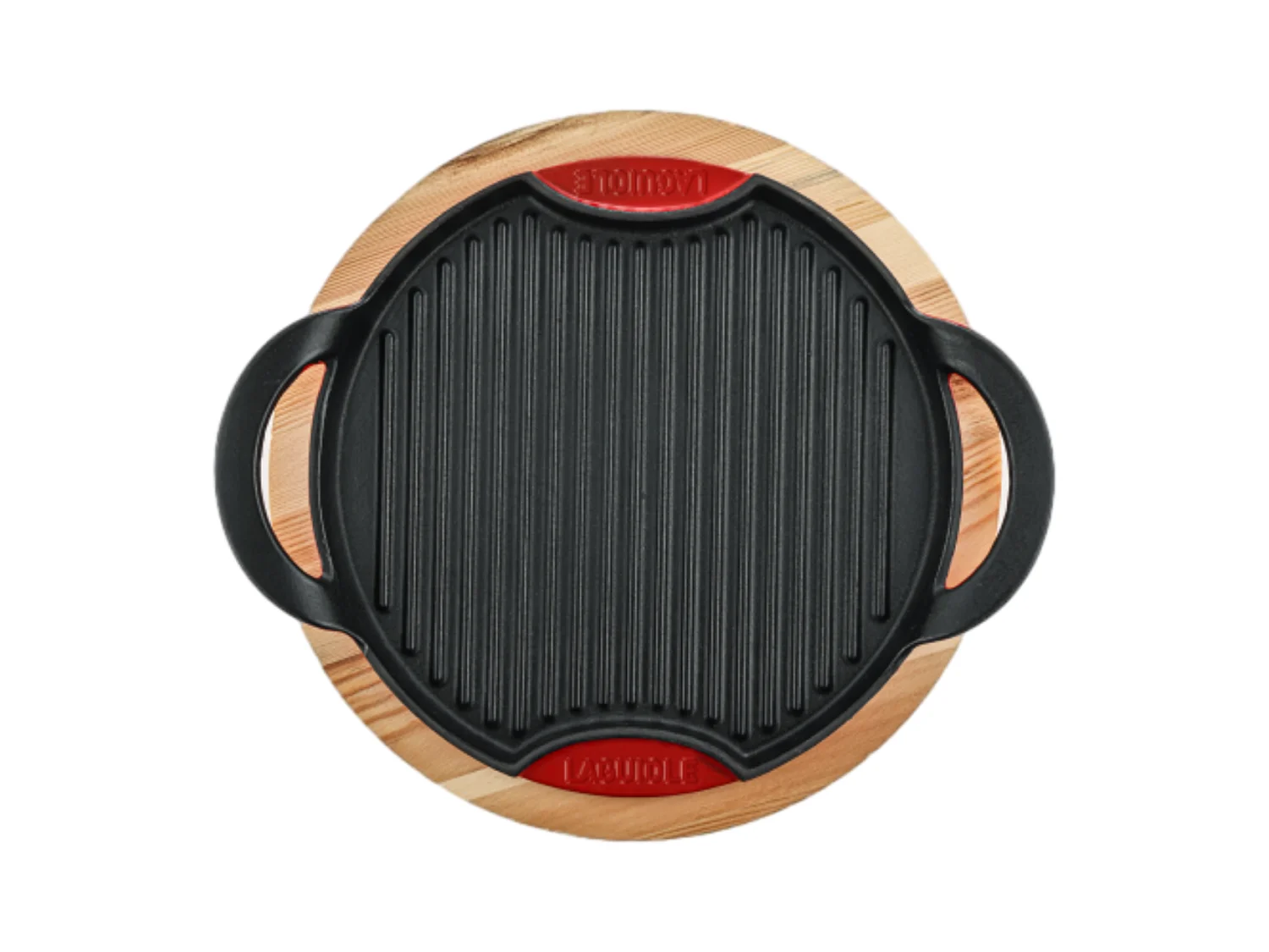 Grill rond en fonte rouge 28cm avec support en bois