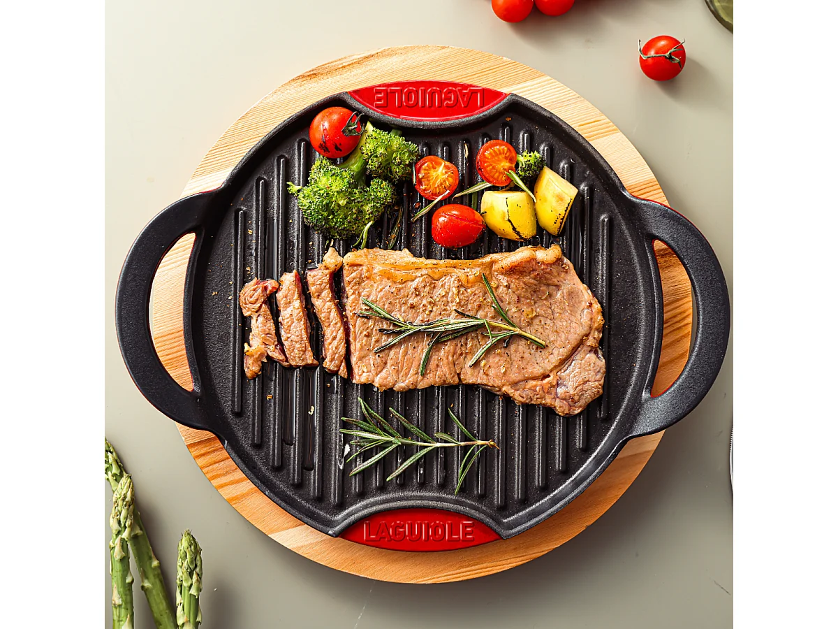 Grill rond en fonte rouge 28cm avec support en bois