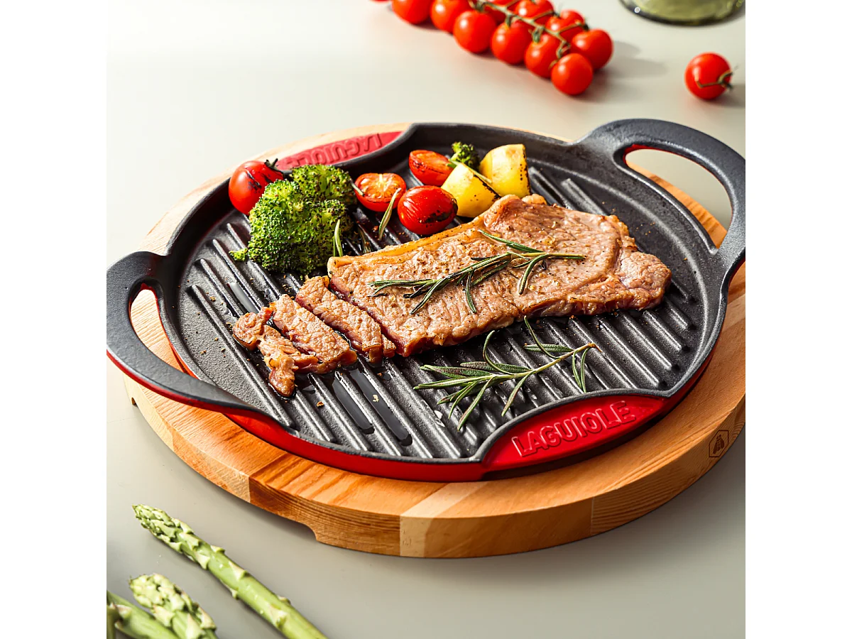 Grill rond en fonte rouge 28cm avec support en bois