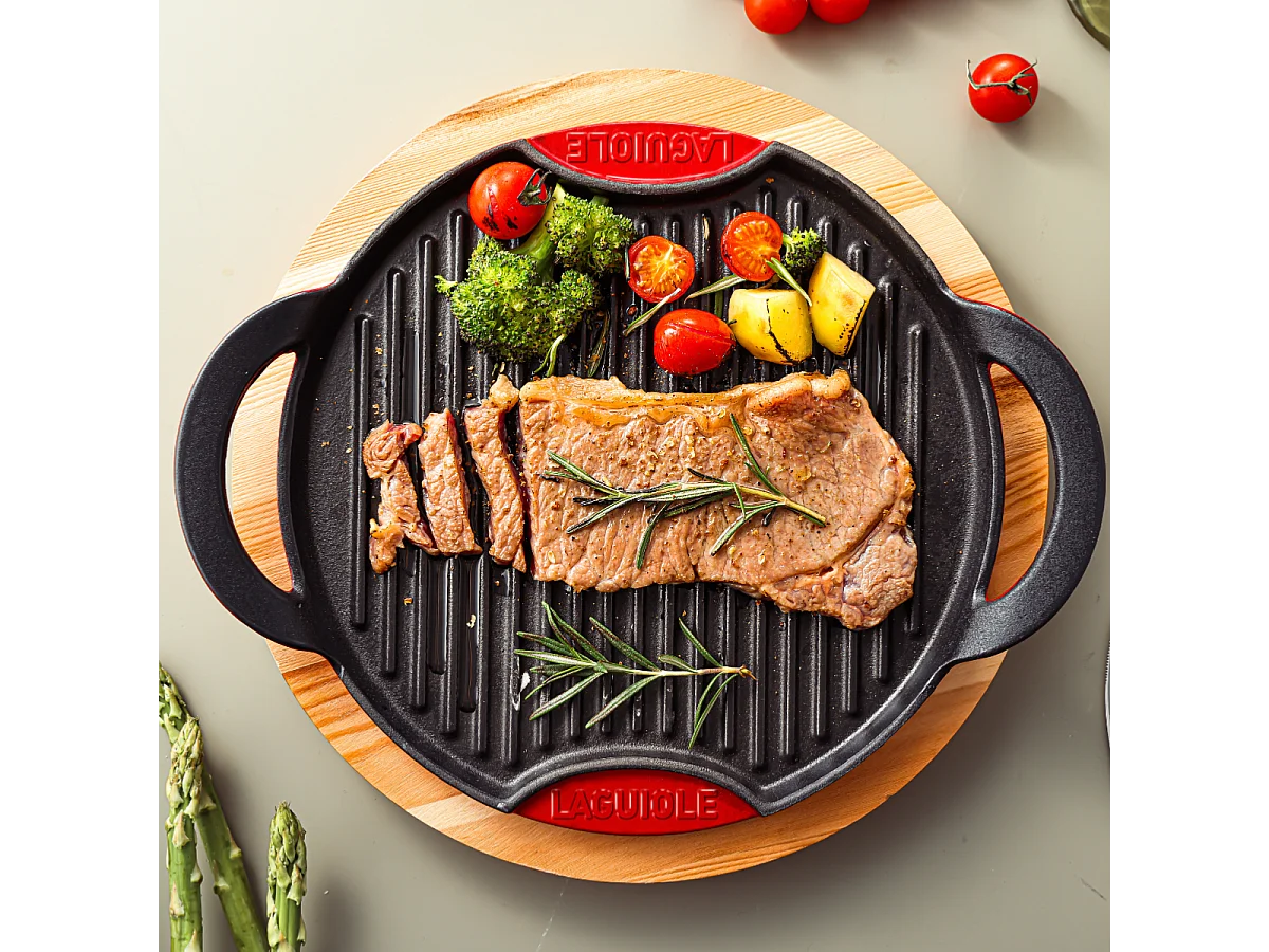 Grill rond en fonte rouge 28cm avec support en bois