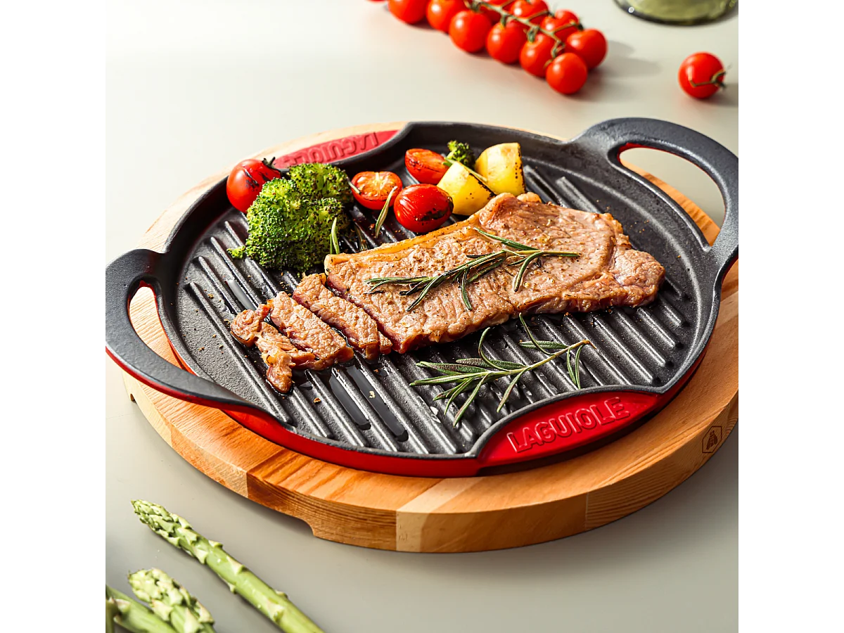 Grill rond en fonte rouge 28cm avec support en bois