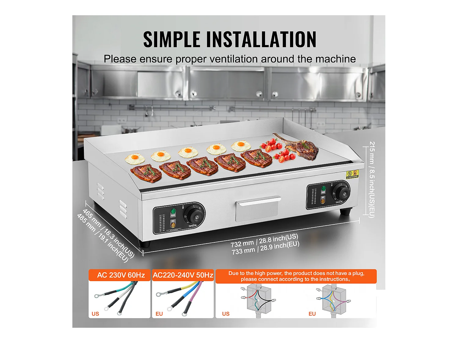 Plancha Électrique SucceBuy 4400 W, Plaque de Cuisson Électrique Commerciale à Surface Plane, 122 ℉-572 ℉