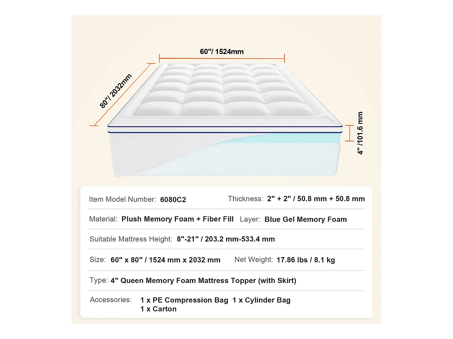Surmatelas SucceBuy, Mousse à Mémoire de Forme, Rembourrage en Fibres, Queen, Épaisseur 10,2 cm