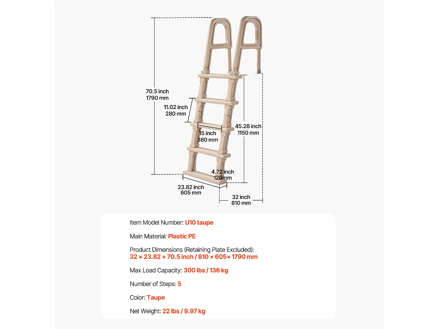 Escalier pour Piscine, SucceBuy Échelle de Piscine Inclinée à 5 Marches avec 2 Rampes, Charge 136 kg pour Piscine de 122 à 137 cm