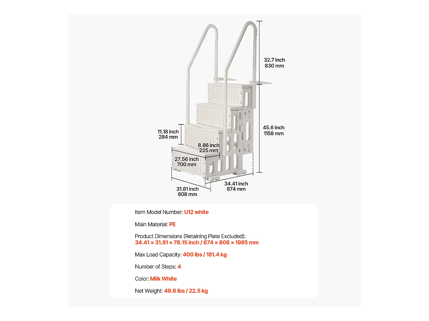 Escalier pour Piscine, SucceBuy Échelle de Piscine Blanche à 4 Marches, 2 Rampes, Capacité de 181,4 kg pour Piscines de 122 à 137 cm