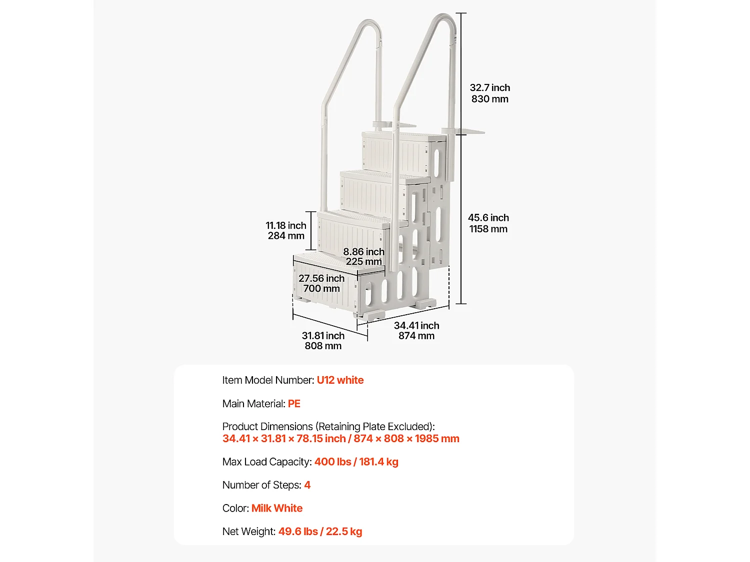 Zwembadladder, SucceBuy 4-traps Witte Zwembadladder, 2 Leuningen, Draagvermogen van 181,4 kg voor Zwembaden van 122-137 cm
