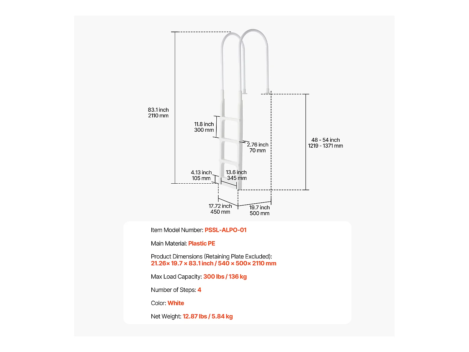 Escalier pour Piscine, SucceBuy Échelle de Piscine à 4 Marches, 2 Rampes, Capacité de 136 kg pour Piscine de 122 à 137 cm