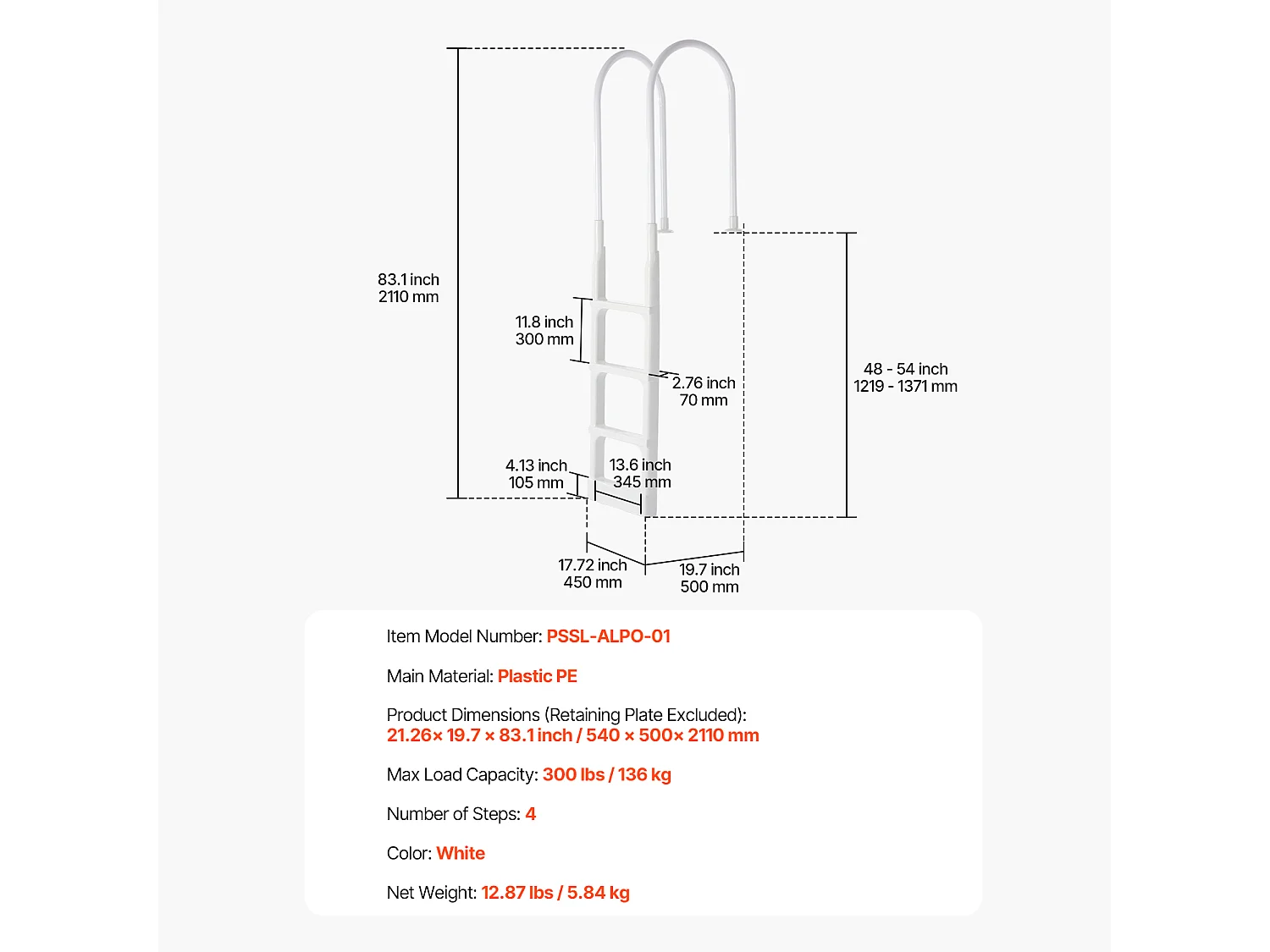 Escalier pour Piscine, SucceBuy Échelle de Piscine à 4 Marches, 2 Rampes, Capacité de 136 kg pour Piscine de 122 à 137 cm