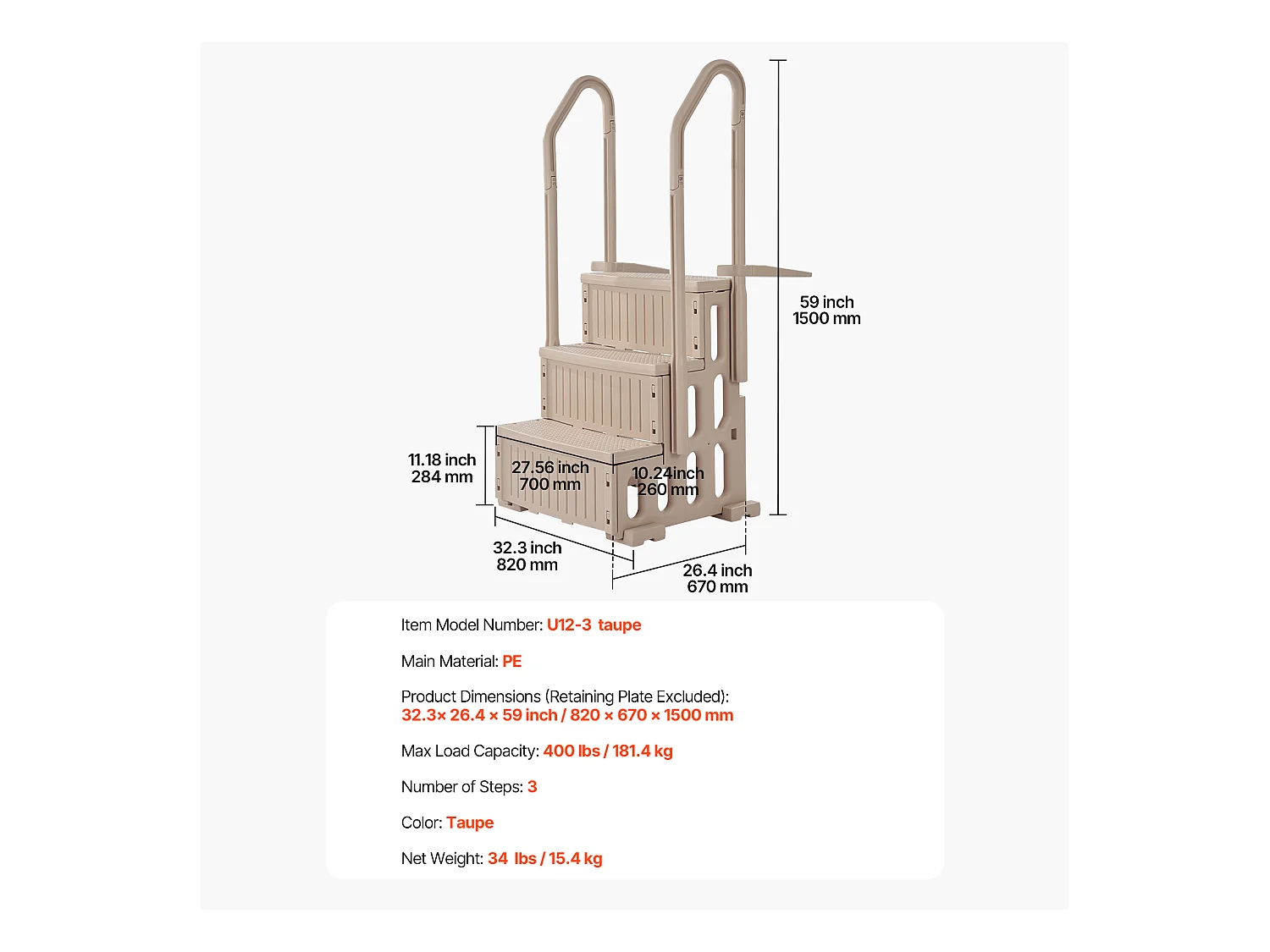 Escada de Piscina, SucceBuy Escada de Piscina de 3 Degraus Cinzento-Claro com 2 Corrimãos, Suporta 181 kg para Piscinas de 91 a 122 cm