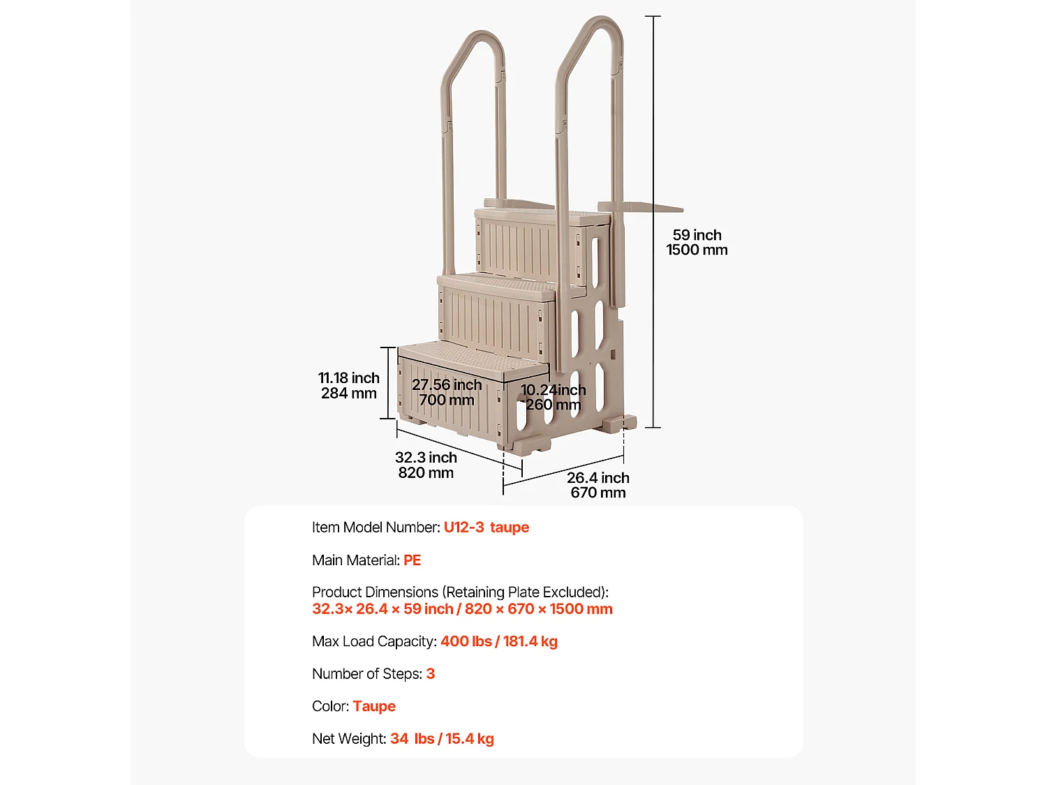 Escalier pour Piscine, SucceBuy Échelle de Piscine 3 Marches Taupe avec 2 Rampes, Supportant 181 kg pour Piscines de 91 à 122 cm