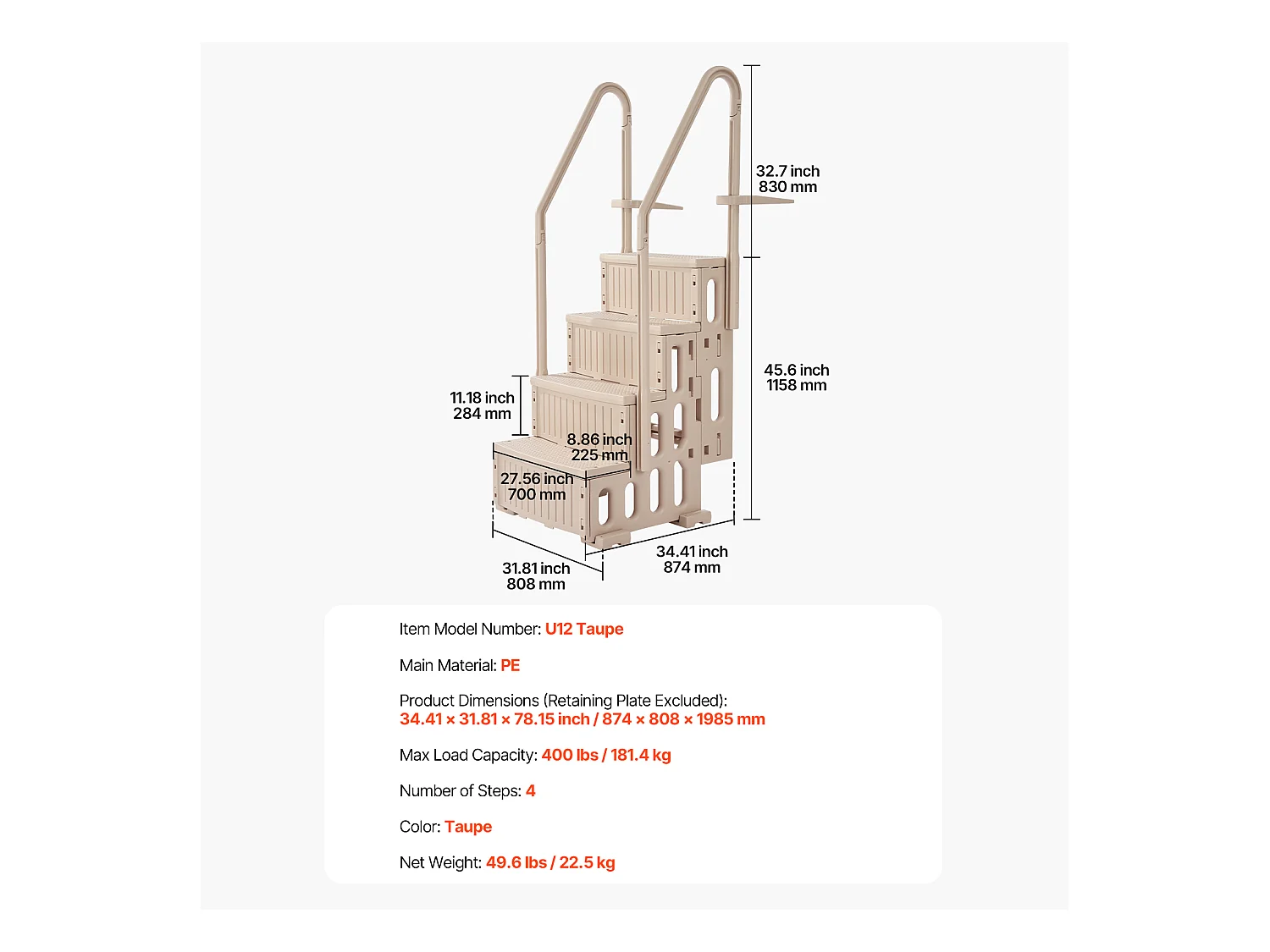 Escalier pour Piscine, SucceBuy Échelle de Piscine 4 Marches Taupe avec 2 Rampes, Supportant 181 kg pour Piscines de 122 à 137 cm