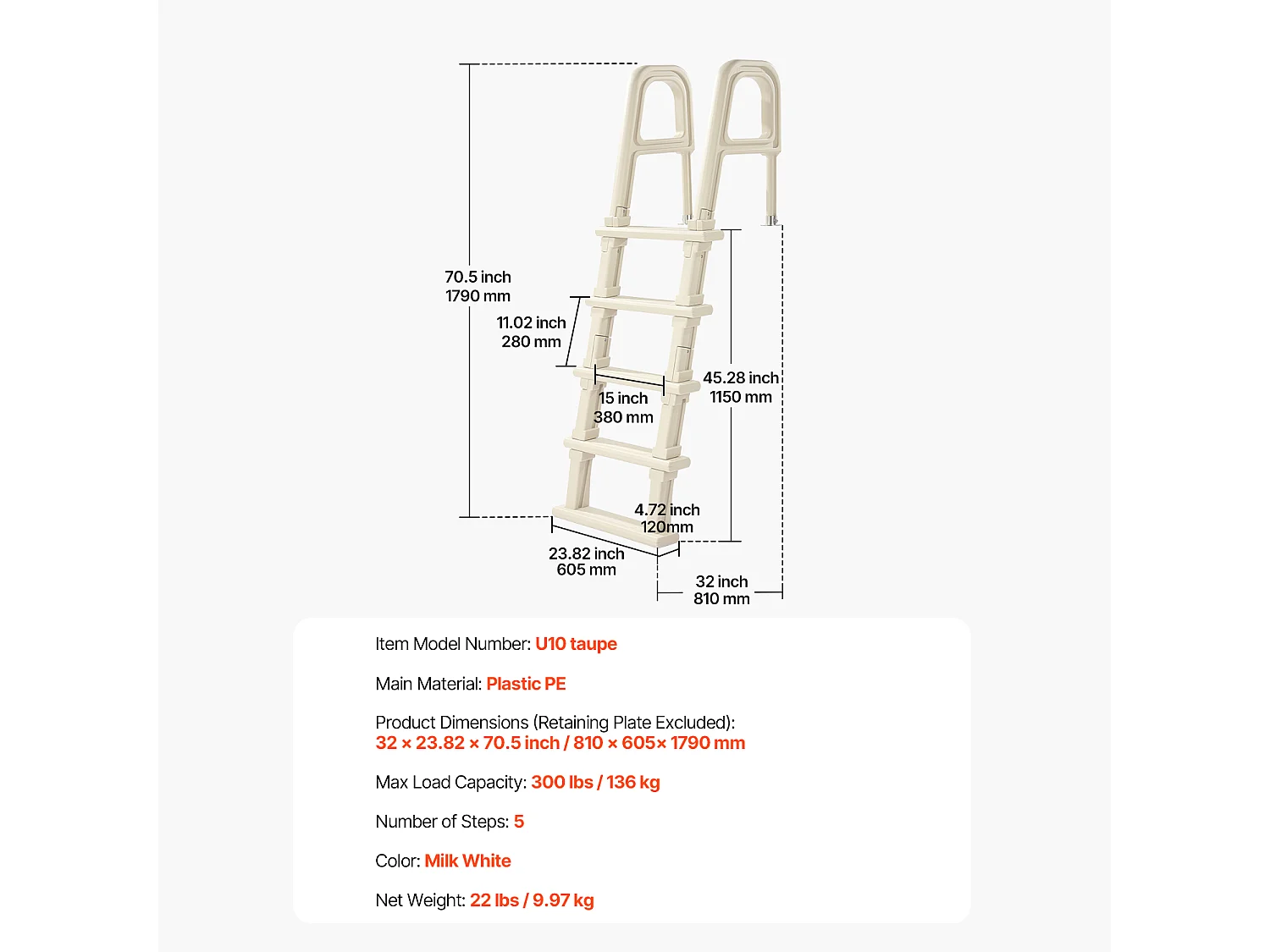 Escalier pour Piscine, SucceBuy Échelle de Piscine Inclinée à 5 Marches avec 2 Rampes, Charge 136 kg pour Piscine de 122 à 137 cm
